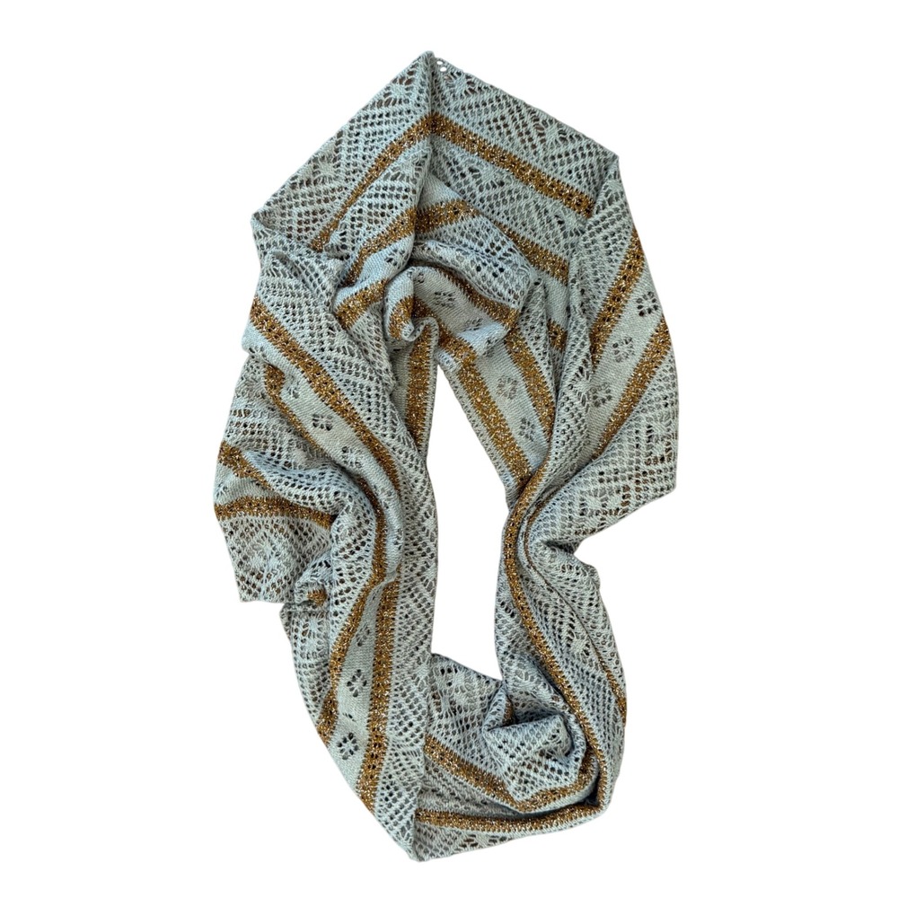 Womens Gold‎ Metallic Thread Striped Open Knit Infinity Scarf Wrap Neutral